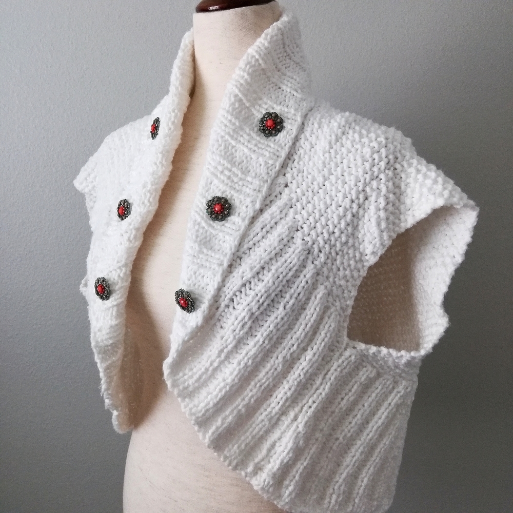 White Knit Shrug Cap Sleeve Sweater With Decorative Buttons, One Size
